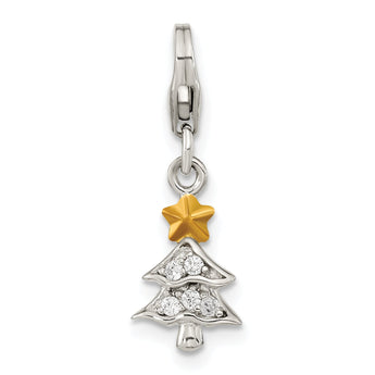 Amore La Vita Sterling Silver Rhodium-plated and Gold-plated Polished CZ Christmas Tree Charm with Fancy Lobster Clasp