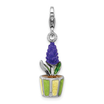 Sterling Silver Amore La Vita Rh-plated Enameled 3-D Potted Flower Charm