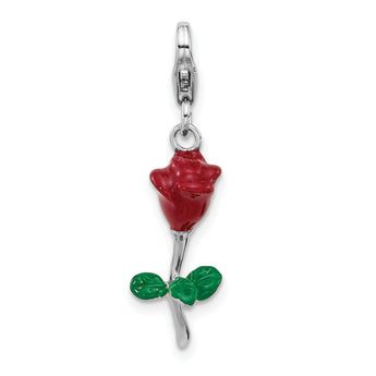 SS Amore La Vita Rh-plated Enameled 3-D Potted Red Rose Charm