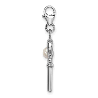 Sterling Silver Pearl Key Charm with Rhodium Finish