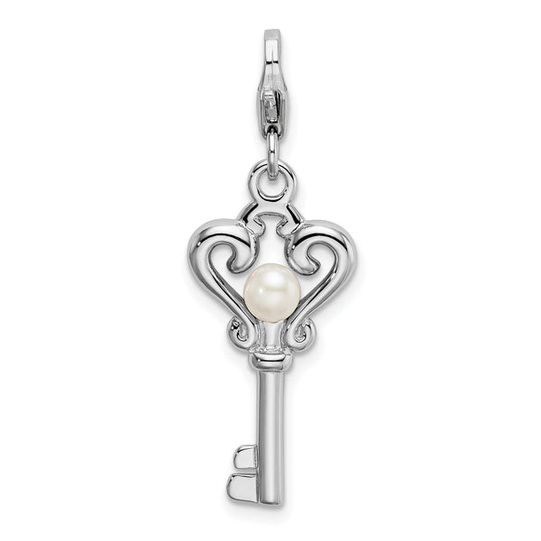 Sterling Silver Pearl Key Charm with Rhodium Finish