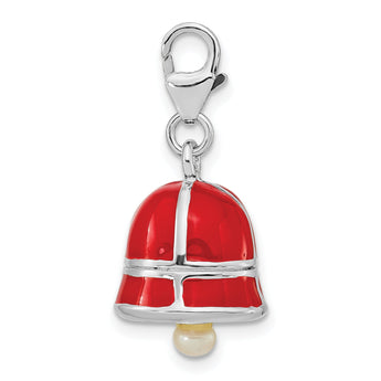 Cultured Pearl & Red Enamel Bell Charm in Sterling Silver, 36mm