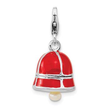 Cultured Pearl & Red Enamel Bell Charm in Sterling Silver, 36mm