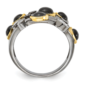 Cheryl M Sterling Silver Black Rhodium WithGold-Plating Onyx & CZ Ring, Size 8 - Birthstone Company