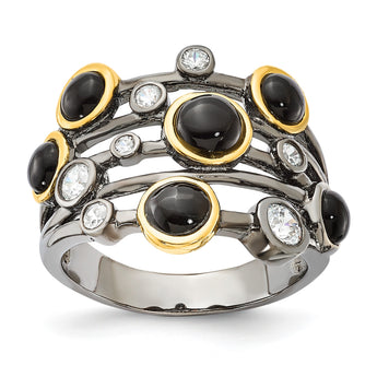 Cheryl M Sterling Silver Black Rhodium WithGold-Plating Onyx & CZ Ring, Size 8 - Birthstone Company