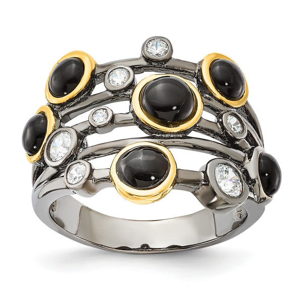 Cheryl M Sterling Silver Black Rhodium WithGold-Plating Onyx & CZ Ring, Size 8 - Birthstone Company
