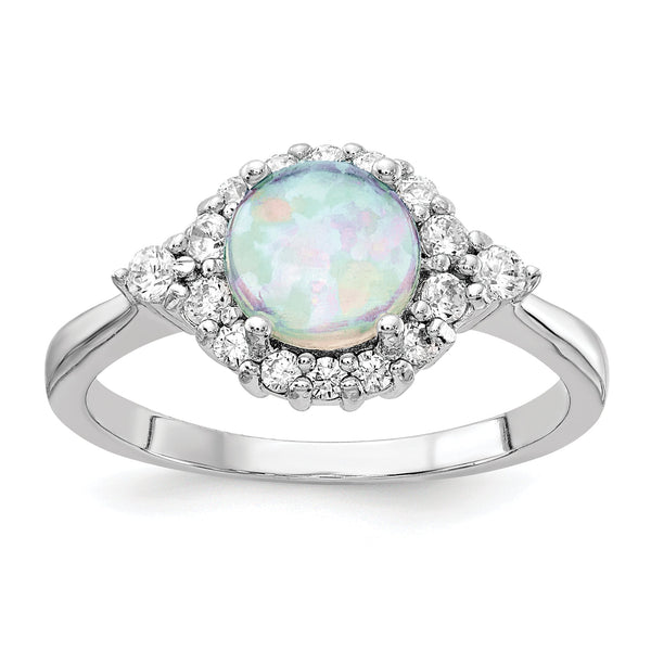 Cheryl M Sterling Silver Rhodium-plated Cabochon Lab Created Opal and Brilliant-cut CZ Ring