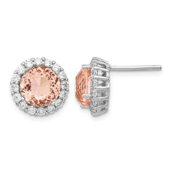 Cheryl M Sterling Silver Rhodium-plated 100 Facet Simulated Morganite and White Brilliant-cut CZ Halo Post Earrings - Birthstone Company