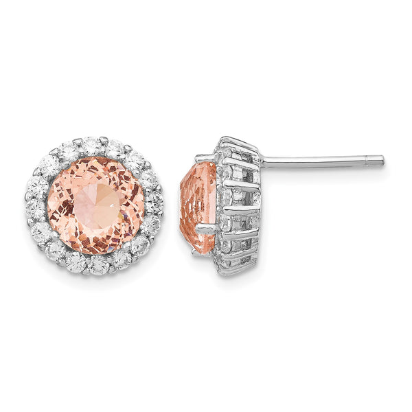 Cheryl M Sterling Silver Rhodium-plated 100 Facet Simulated Morganite and White Brilliant-cut CZ Halo Post Earrings - Birthstone Company