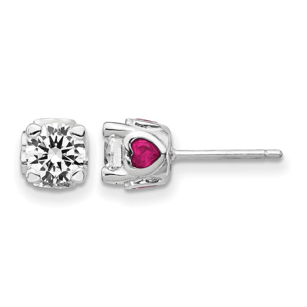 Cheryl M Sterling Silver Rhodium-plated Brilliant-cut Lab Created Ruby and Brilliant-cut White CZ with Heart Sides Stud Post Earrings - Birthstone Company