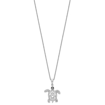 Cheryl M Sterling Silver Rhodium-plated Brilliant-cut Black Glass and Brilliant-cut White CZ Filigree Turtle 18 Inch Necklace