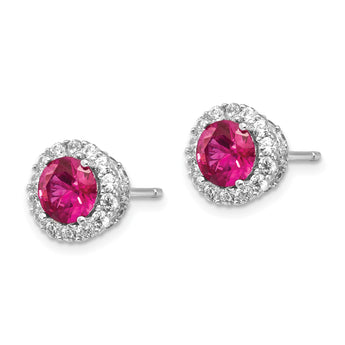 Cheryl M Sterling Silver Rhodium-plated Brilliant-cut Lab Created Ruby and Brilliant-cut White CZ Round Halo Post Earrings - Birthstone Company