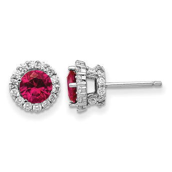Cheryl M Sterling Silver Rhodium-plated Brilliant-cut Lab Created Ruby and Brilliant-cut White CZ Round Halo Post Earrings - Birthstone Company