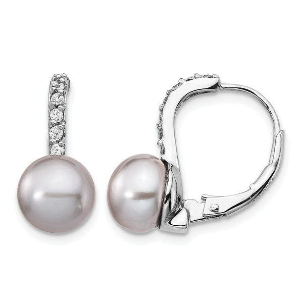 Cheryl M Sterling Silver Rhodium-plated Grey Freshwater Cultured Pearl and Brilliant-cut CZ Leverback Earrings - Birthstone Company
