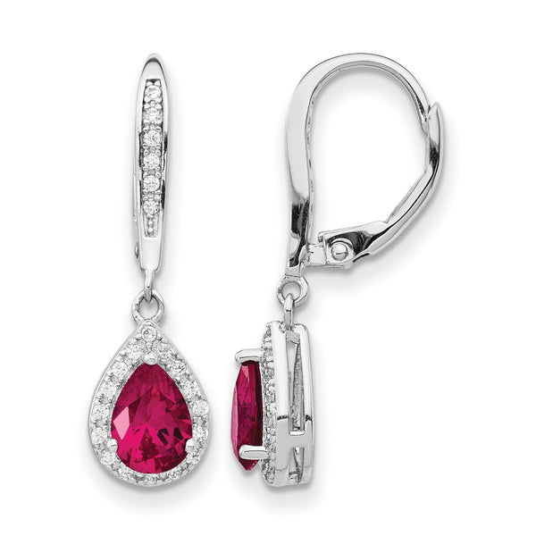 Cheryl M Sterling Silver Rhodium-plated Brilliant-cut Lab Created Ruby and Brilliant-cut White CZ Teardrop Leverback Dangle Earrings - Birthstone Company
