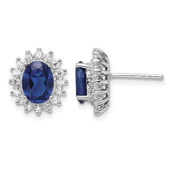 Cheryl M Sterling Silver Rhodium-plated Brilliant-cut Lab Created Dark Blue Spinel and Brilliant-cut White CZ Oval Halo Post Earrings - Birthstone Company