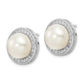Cheryl M Sterling Silver Rhodium-plated 12mm Button Freshwater Cultured Pearl and Brilliant-cut CZ Halo Post Earrings - Birthstone Company
