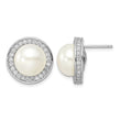 Cheryl M Sterling Silver Rhodium-plated 12mm Button Freshwater Cultured Pearl and Brilliant-cut CZ Halo Post Earrings - Birthstone Company