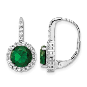 Cheryl M Sterling Silver Rhodium-plated Brilliant-cut Green Glass and Brilliant-cut White CZ Halo Leverback Earrings - Birthstone Company
