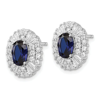Cheryl M Sterling Silver Rhodium-plated Brilliant-cut Lab Created Dark Blue Spinel and Tapered Baguette-cut/Brilliant-cut White CZ Oval Halo Post Earrings