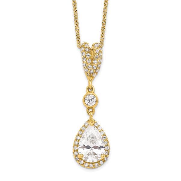 Cheryl M Sterling Silver Gold-plated Brilliant-cut CZ Teardrop and Bezel Halo 18 Inch Necklace