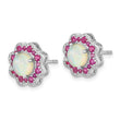 Cheryl M Sterling Silver Rhodium-plated Cabochon Lab Created Opal and Brilliant-cut Red Nano Crystal Flower Post Earrings - Birthstone Company