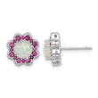 Cheryl M Sterling Silver Rhodium-plated Cabochon Lab Created Opal and Brilliant-cut Red Nano Crystal Flower Post Earrings - Birthstone Company