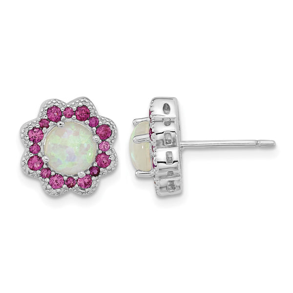 Cheryl M Sterling Silver Rhodium-plated Cabochon Lab Created Opal and Brilliant-cut Red Nano Crystal Flower Post Earrings - Birthstone Company