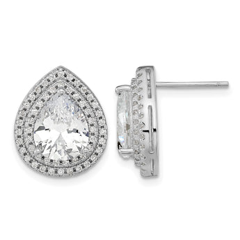 Cheryl M Sterling Silver Rhodium-plated Brilliant-cut Pear Shaped CZ Double Halo Post Earrings - Birthstone Company