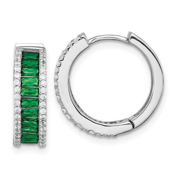 Cheryl M Sterling Silver Rhodium-plated Emerald-cut Green Nano Crystal and Brilliant-cut White CZ Round Hinged Hoop Earrings
