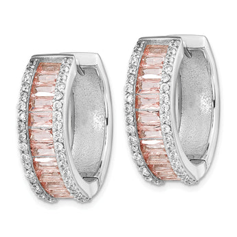Cheryl M Sterling Silver Rhodium-plated Emerald-cut Pink Nano Crystal and White Brilliant-cut CZ Round Hinged Hoop Earrings