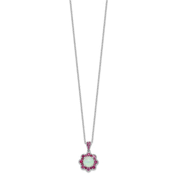 Cheryl M Sterling Silver Rhodium-plated Cabochon Lab Created Opal and Brilliant-cut Red Nano Crystal Flower 18 Inch Necklace