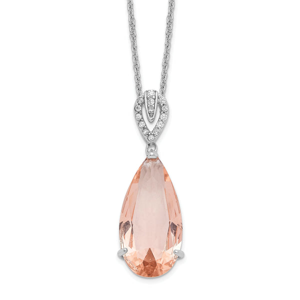 Cheryl M Sterling Silver Rhodium-plated Brilliant-cut Simulated Morganite and White Brilliant-cut CZ Teardrop 18 Inch Necklace