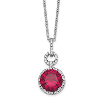 Cheryl M Sterling Silver Rhodium-plated Brilliant-cut Lab Created Ruby and Brilliant-cut White CZ Round Halo 18 Inch Necklace
