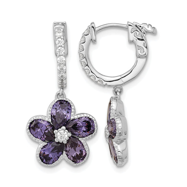 Cheryl M Sterling Silver Rhodium-plated Purple and White Brilliant-cut CZ Flower Hinged Hoop Dangle Earrings - Birthstone Company