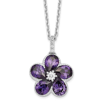 Cheryl M Sterling Silver Rhodium-plated Purple and White Brilliant-cut CZ Flower 16 Inch Necklace with 2 Inch Extender
