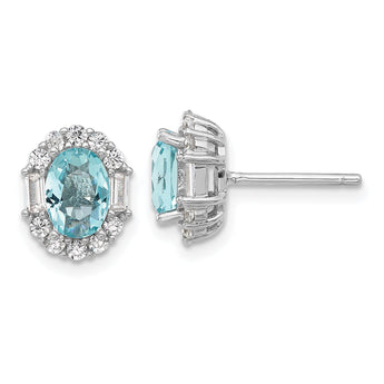 Cheryl M Sterling Silver Rhodium-plated Blue & White Brilliant-cut and Emerald-cut CZ Oval Post Earrings