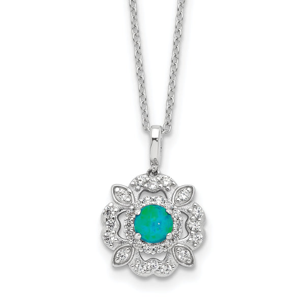 Cheryl M Sterling Silver Rhodium-plated Cabochon Lab Created Blue Opal and Brilliant-cut CZ 18 Inch Necklace with 2 Inch Extender