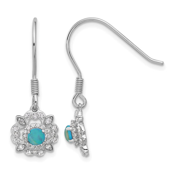 Cheryl M Sterling Silver Rhodium-plated Cabochon Lab Created Blue Opal and Brilliant-cut CZ Shepherd Hook Dangle Earrings - Birthstone Company