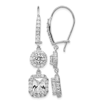 Cheryl M Sterling Silver Rhodium-plated Elongated Cushion-cut and Brilliant-cut CZ Halo Kidney Wire Dangle Earrings - Birthstone Company
