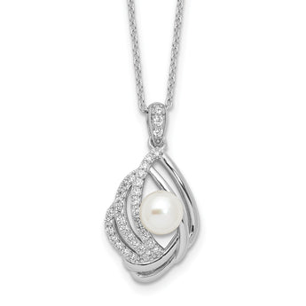 Cheryl M Sterling Silver Rhodium-plated Freshwater Cultured Pearl and Brilliant-cut CZ Teardrop Design 18 Inch Necklace with 2 Inch Extender - Birthstone Company