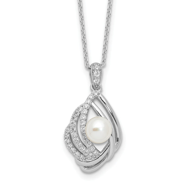 Cheryl M Sterling Silver Rhodium-plated Freshwater Cultured Pearl and Brilliant-cut CZ Teardrop Design 18 Inch Necklace with 2 Inch Extender - Birthstone Company