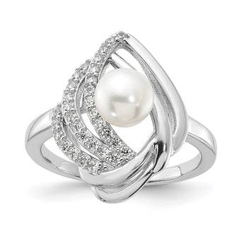 Cheryl M Sterling Silver Rhodium-plated Freshwater Cultured Pearl and Brilliant-cut CZ Fancy Teardrop Design Ring
