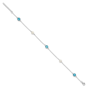 Cheryl M Sterling Silver Rhodium-plated Blue Double Pineapple-cut CZ & White Freshwater Cultured Pearl 5 Station 9 Inch Anklet with 1 Inch Extender