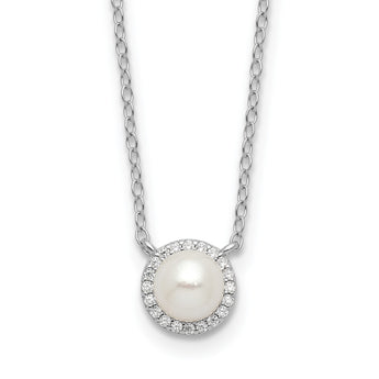 Cheryl M Sterling Silver Rhodium-plated Button Freshwater Cultured Pearl and Brilliant-cut CZ Halo 18 Inch Necklace - Birthstone Company