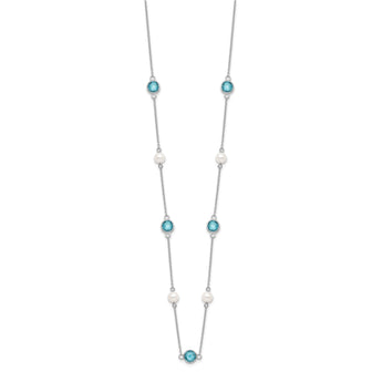 Cheryl M Sterling Silver Rhodium-plated Blue Double Pineapple-cut CZ & White Freshwater Cultured Pearl 9 Station 18 Inch Necklace with 2 Inch Extender