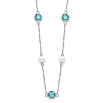 Cheryl M Sterling Silver Rhodium-plated Blue Double Pineapple-cut CZ & White Freshwater Cultured Pearl 9 Station 18 Inch Necklace with 2 Inch Extender