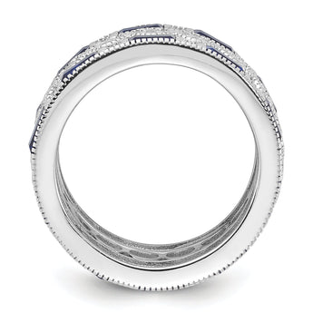 Cheryl M Sterling Silver Rhodium-plated Emerald-cut & Brilliant-cut Blue and White CZ Three Piece Eternity Ring Set