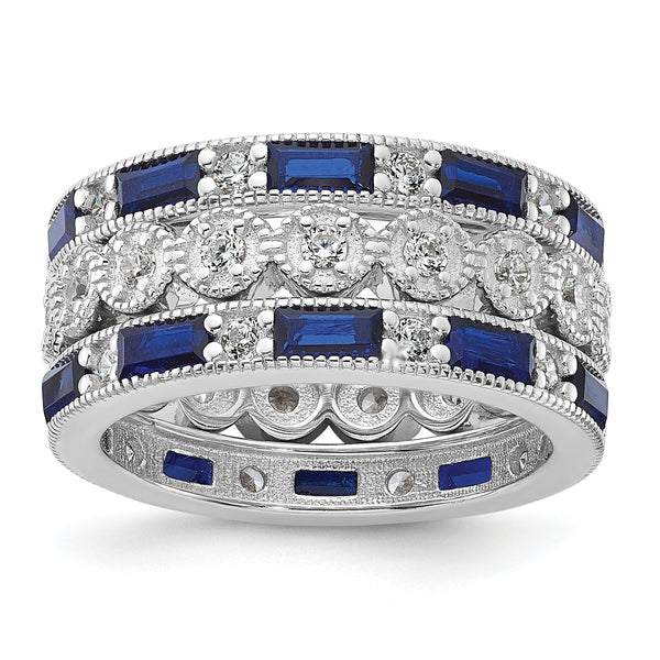 Cheryl M Sterling Silver Rhodium-plated Emerald-cut & Brilliant-cut Blue and White CZ Three Piece Eternity Ring Set