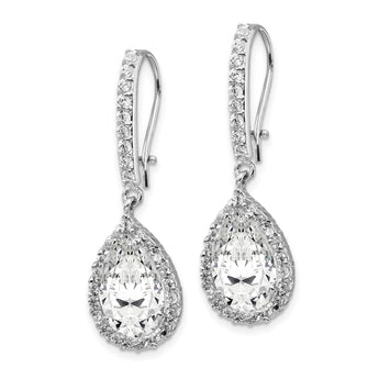 Cheryl M Sterling Silver Rhodium-plated Checkerboard-cut Pear Shaped and Brilliant-cut CZ Halo Kidney Wire Dangle Earrings - Birthstone Company